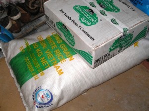 Donated rice ready to be distributed
