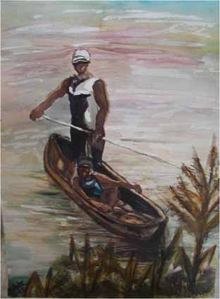 Watercolor—« Homme à la pirogue » on the Congo river