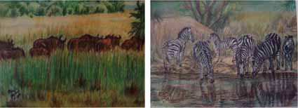 Pastels—African plains: Wildebeests and Zebras