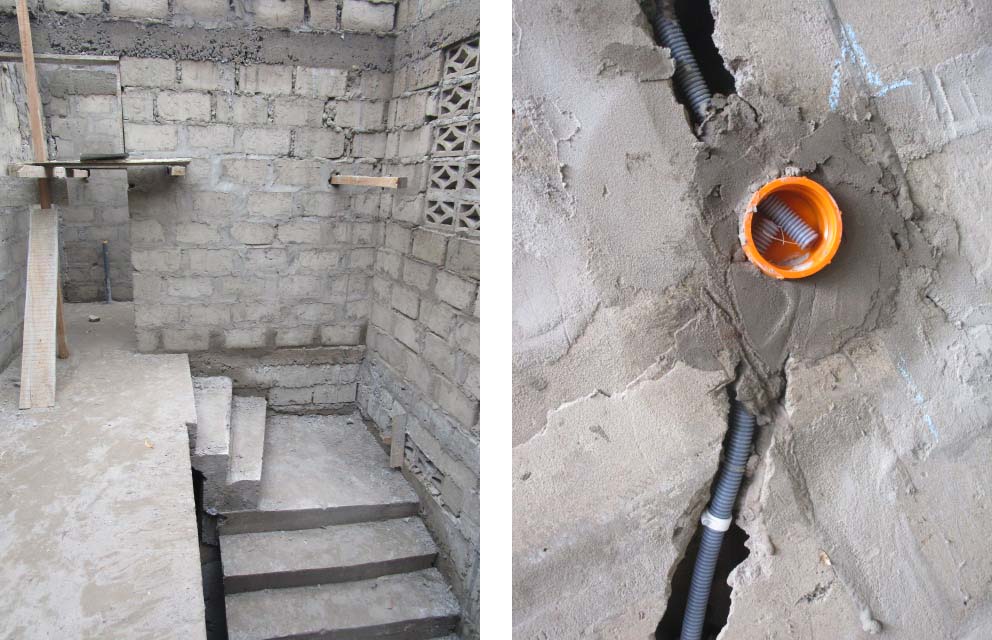 Left: Stairs, shower and toilet              Right: Installing electricity 